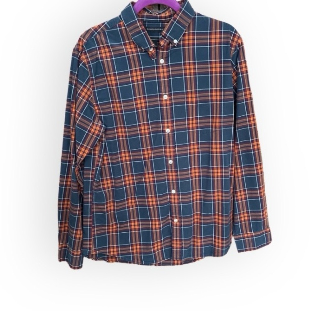 Banana Republic Untucked Slim Fit Plaid Cotton Button Down Shirt Size L Autumn
